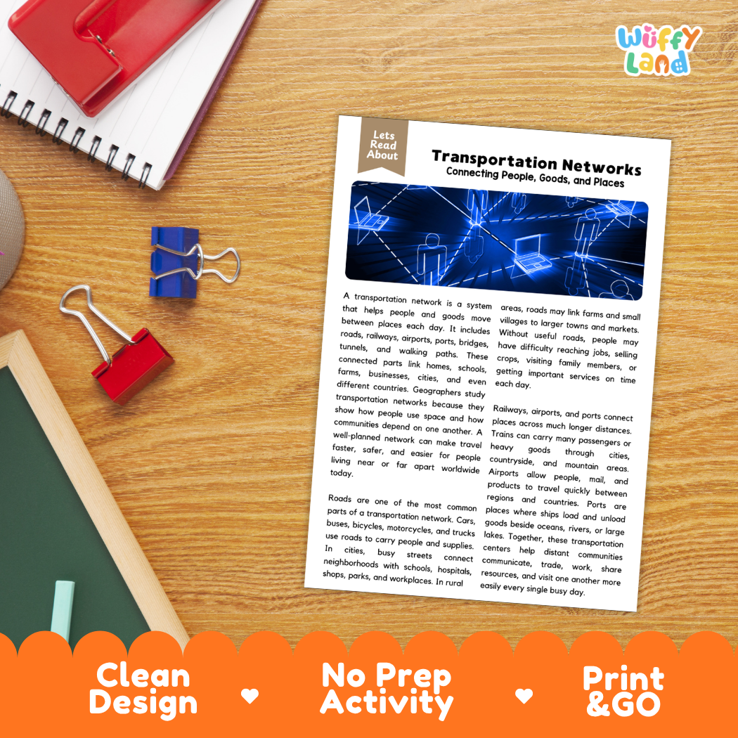 Student reading comprehension worksheet with short-answer questions and lined sections about transportation networks