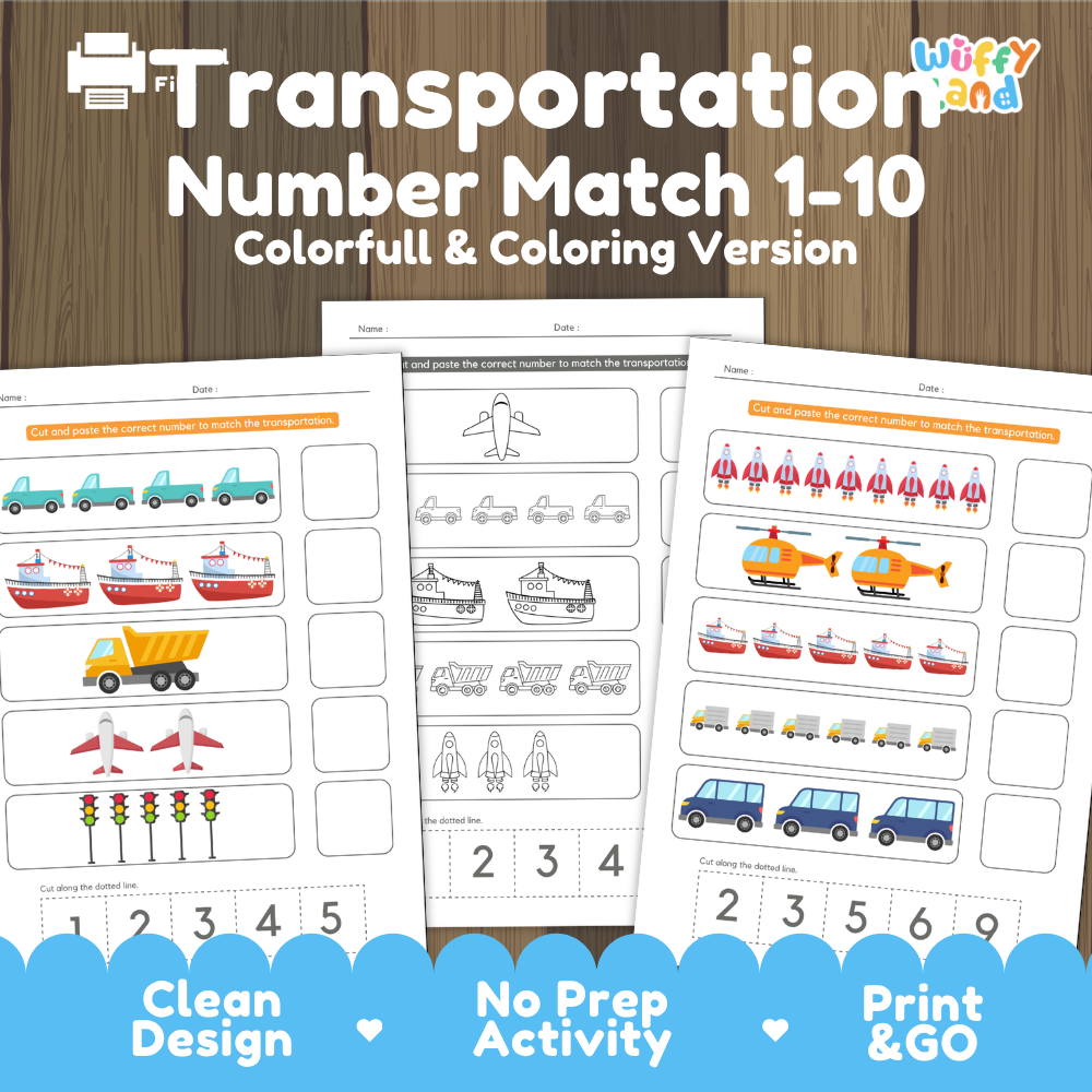 Transportation number match 1 to 10 cover showing full color and coloring version cut and paste vehicle math worksheets