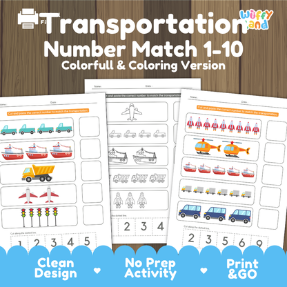 Transportation number match 1 to 10 cover showing full color and coloring version cut and paste vehicle math worksheets