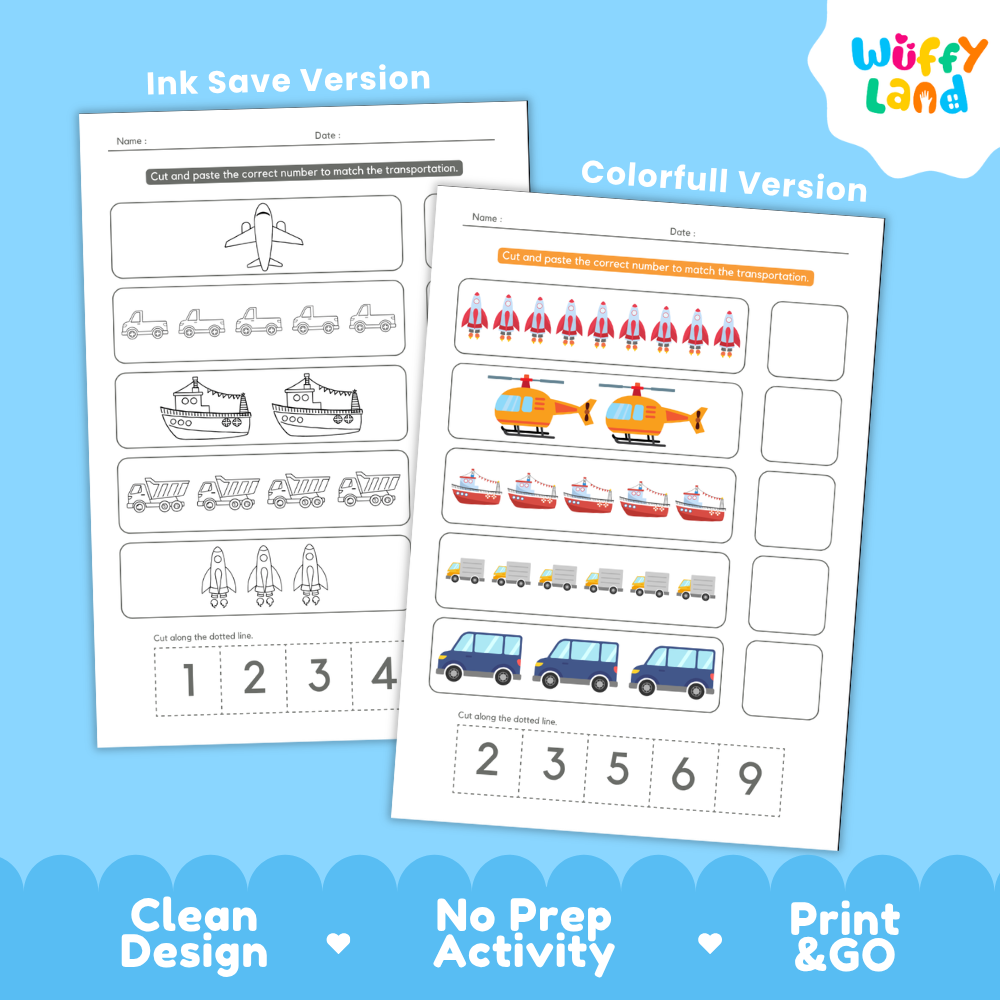 Black and white printable vehicle counting coloring page featuring airplane trucks boats and rockets with cut-and-paste numbers