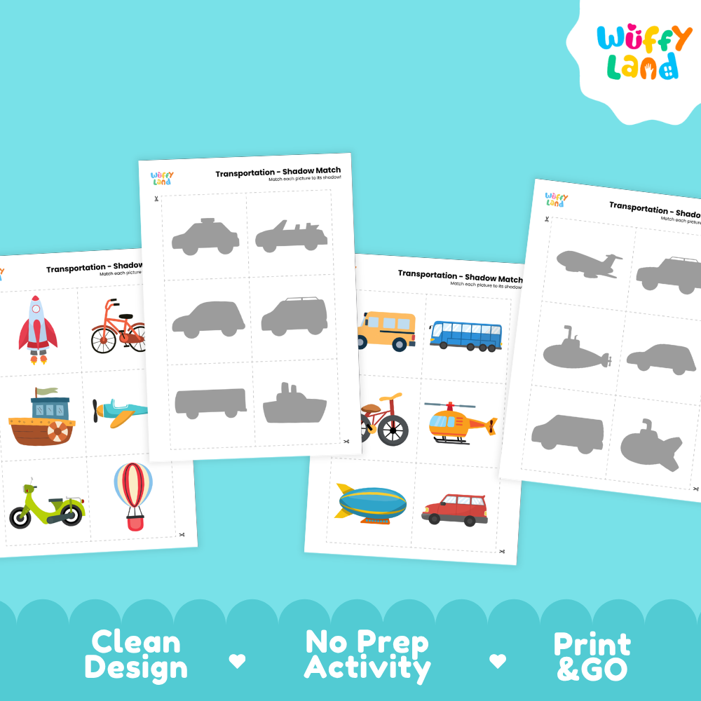 Full color vehicle object cards featuring rocket, bicycle, boat, airplane, scooter, and hot air balloon