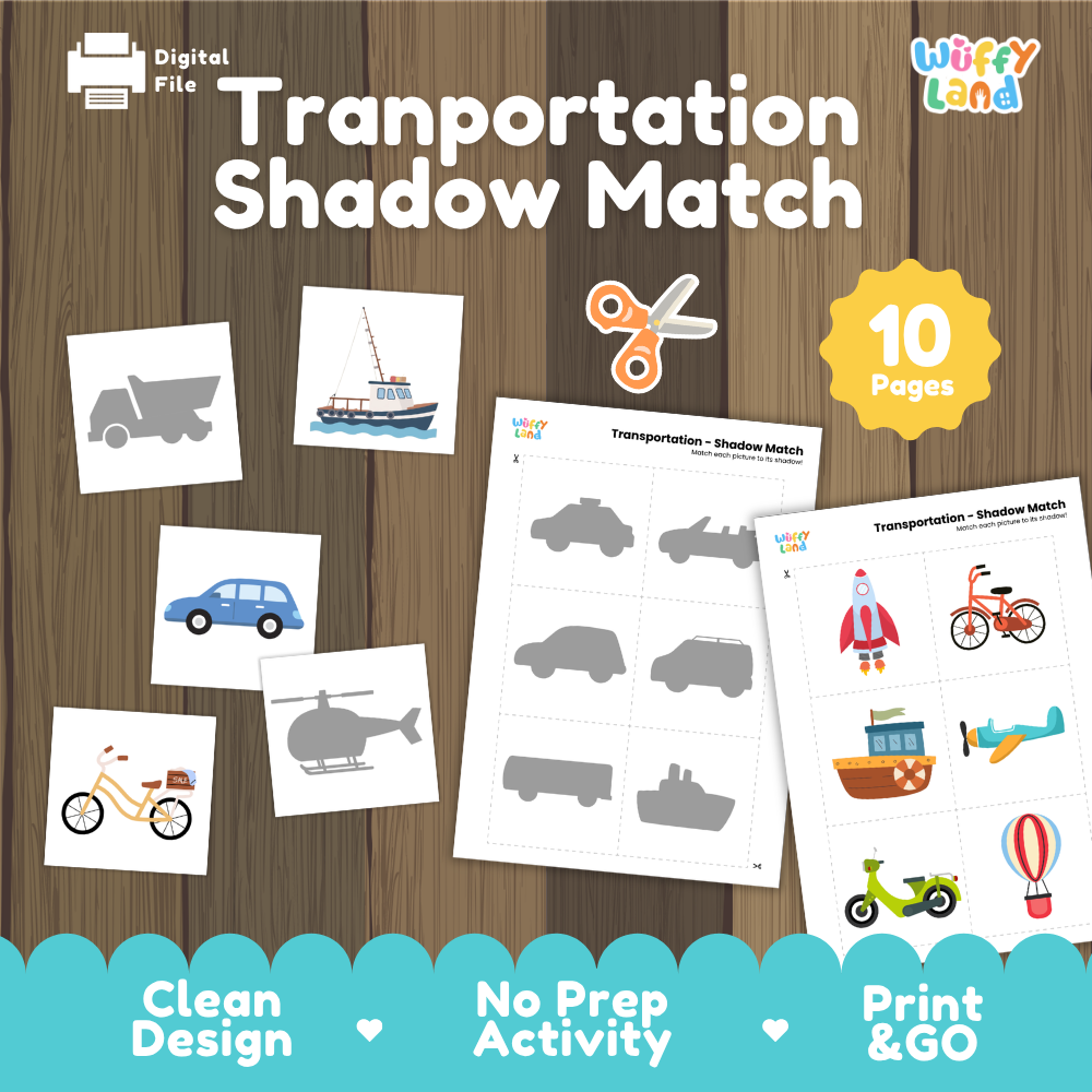 Transportation shadow match activity cover showing 10-page printable pack with truck silhouette, boat card, and shadow matching worksheets