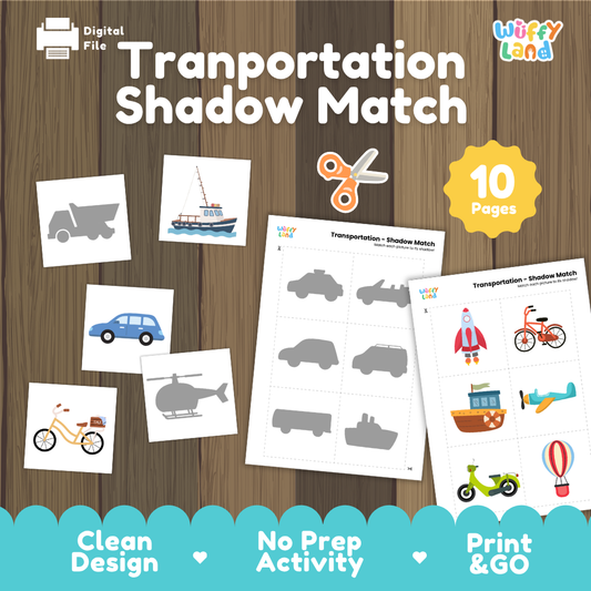 Transportation shadow match activity cover showing 10-page printable pack with truck silhouette, boat card, and shadow matching worksheets