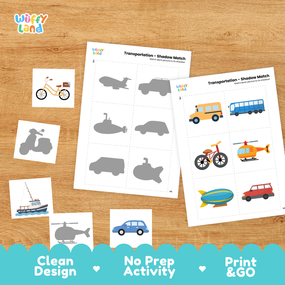 Printable shadow matching grid sheet showing silhouettes of cars, vans, buses, and boats