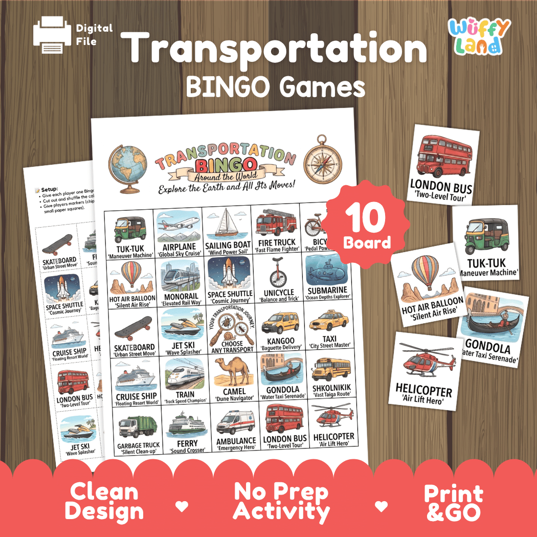 Transportation BINGO Games Printable Activity