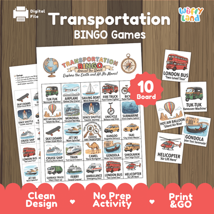 Transportation BINGO Games Printable Activity