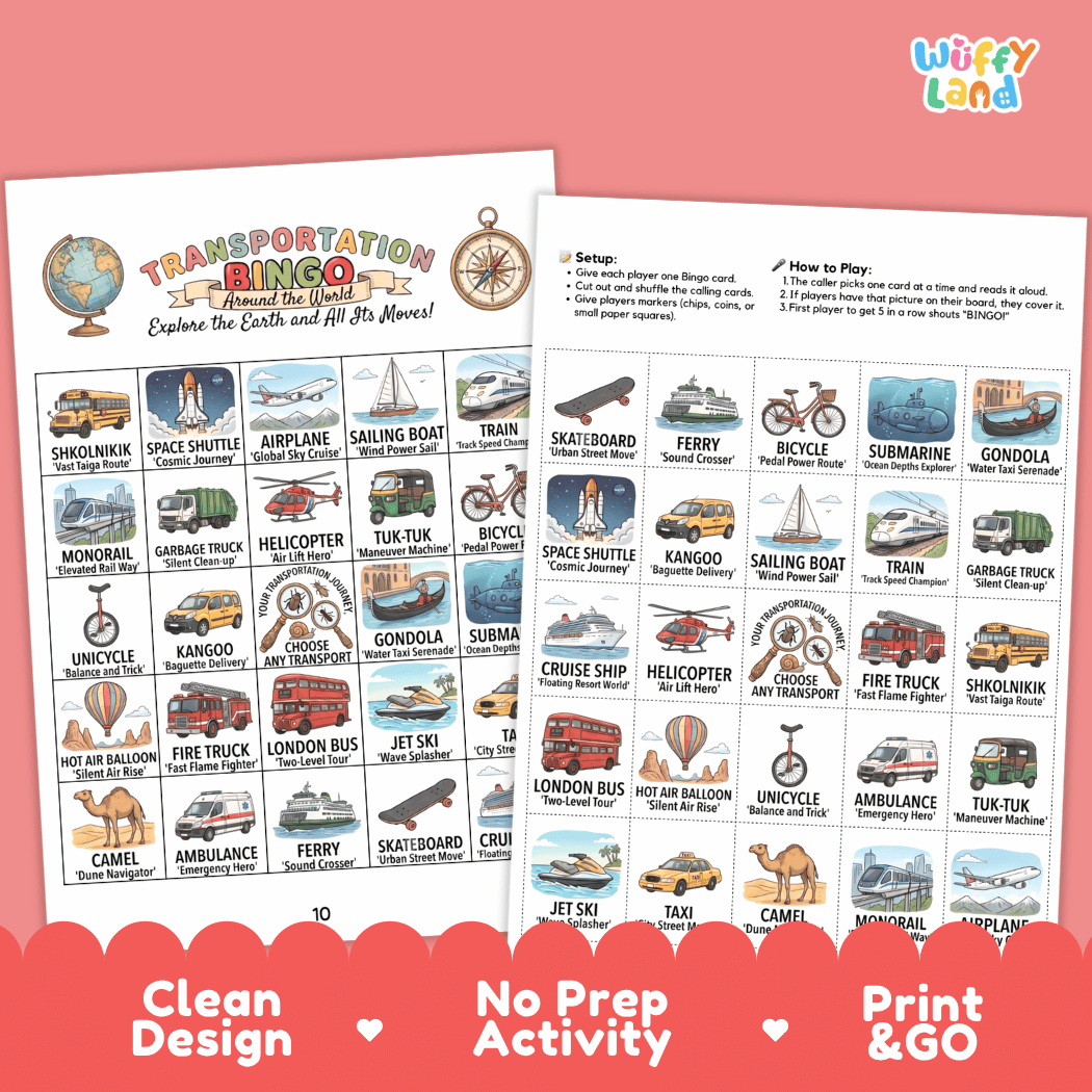 Transportation BINGO Games Printable Activity