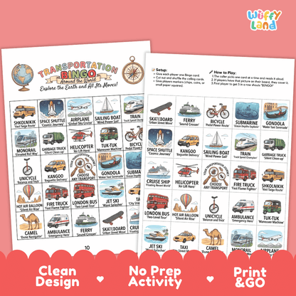 Transportation BINGO Games Printable Activity
