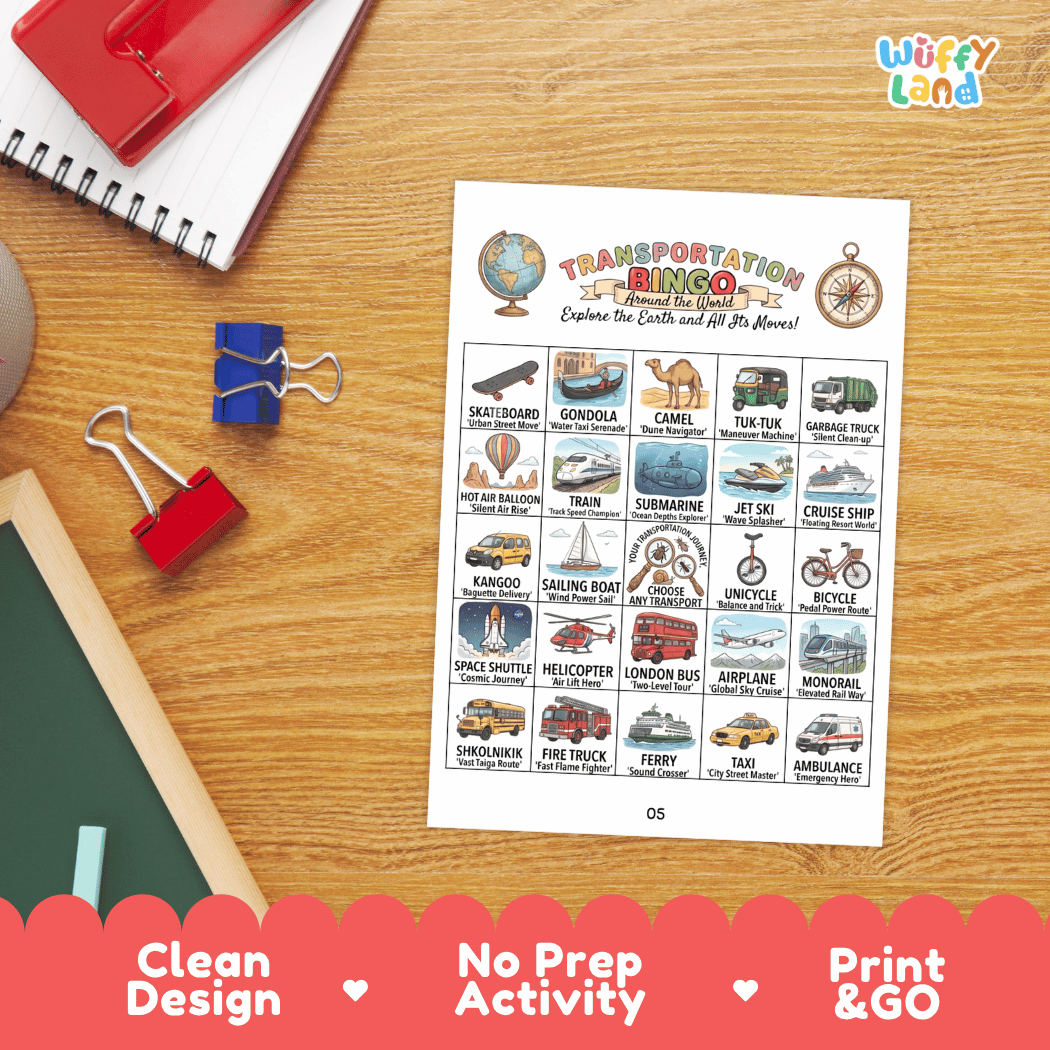 Transportation BINGO Games Printable Activity