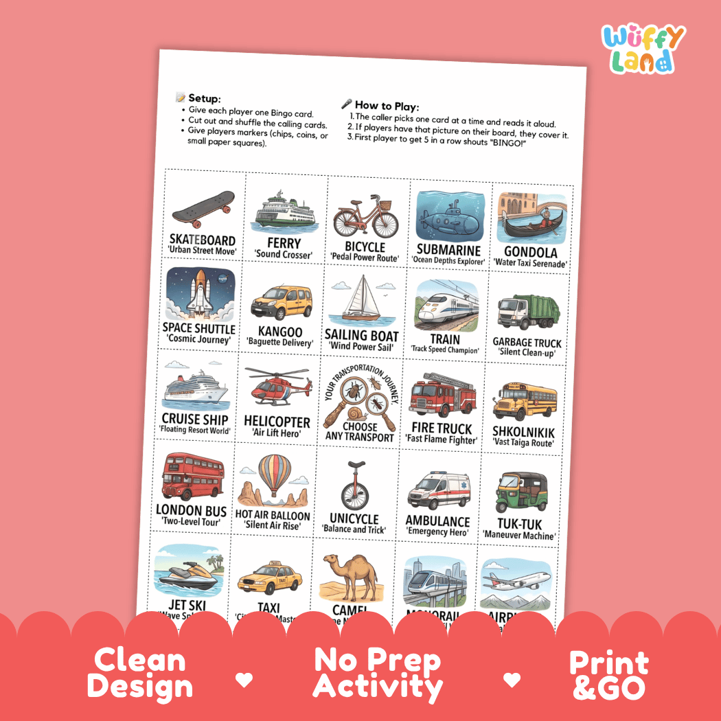 Transportation BINGO Games Printable Activity