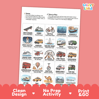 Transportation BINGO Games Printable Activity