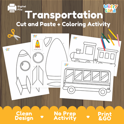 Transportation Cut and Paste Craft and Coloring Activity Worksheets