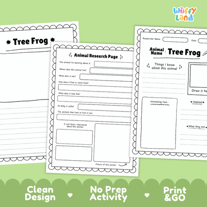 Tree Frog Animal Research Page Worksheets