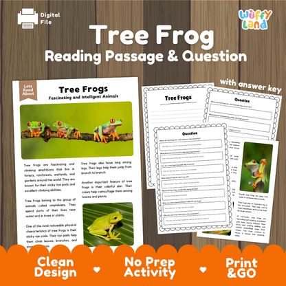 Digital reading activity bundle for 'Tree Frogs' featuring a reading passage, comprehension questions, and an answer key, presented on a wood-grain background with promotional text.