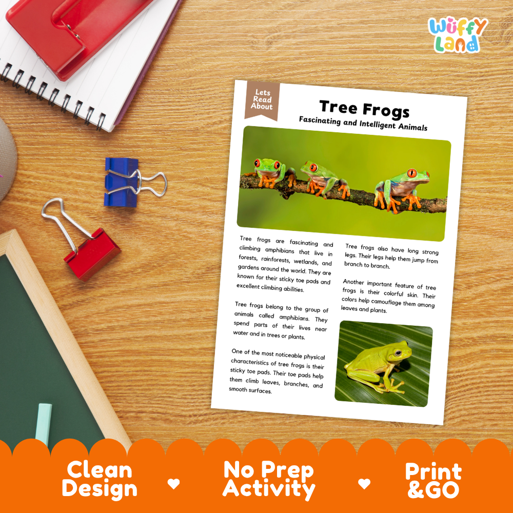 An educational activity sheet about tree frogs laid on a wooden desk, surrounded by a red notebook, binder clips, and a red notebook. The sheet features colorful illustrations of tree frogs and text.