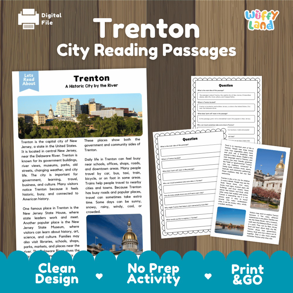 Trenton city reading passages and comprehension worksheet educational unit featuring nonfiction text and authentic Trenton New Jersey skyline and river photography