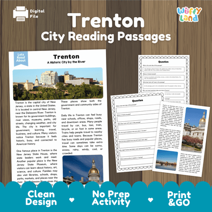 Trenton city reading passages and comprehension worksheet educational unit featuring nonfiction text and authentic Trenton New Jersey skyline and river photography