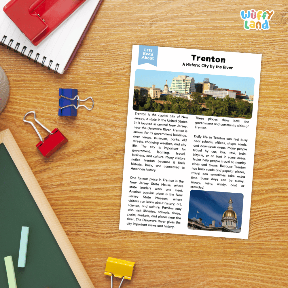 Lined reading comprehension question worksheet covering main ideas vocabulary terms and landmark facts about Trenton New Jersey