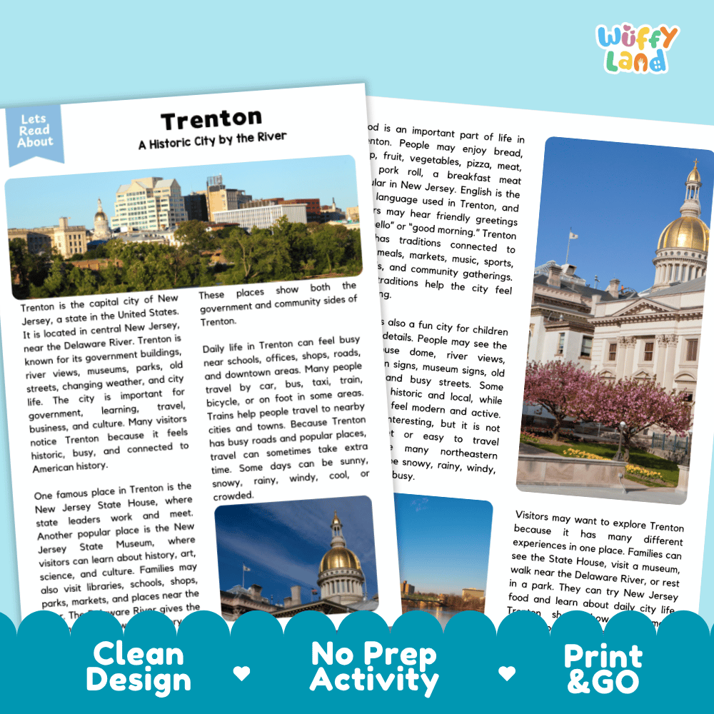 Reference sheet and answer key for Trenton landmark reading passage displaying completed comprehension answers and United States geography facts