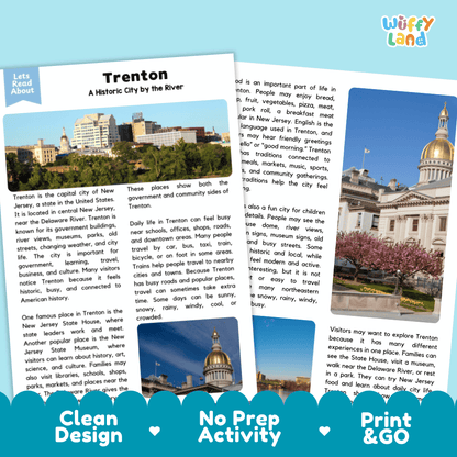 Reference sheet and answer key for Trenton landmark reading passage displaying completed comprehension answers and United States geography facts