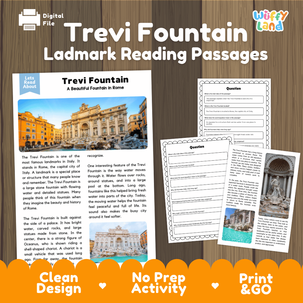 Trevi Fountain Landmark Reading Passages and Comprehension Worksheets