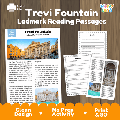 Trevi Fountain Landmark Reading Passages and Comprehension Worksheets