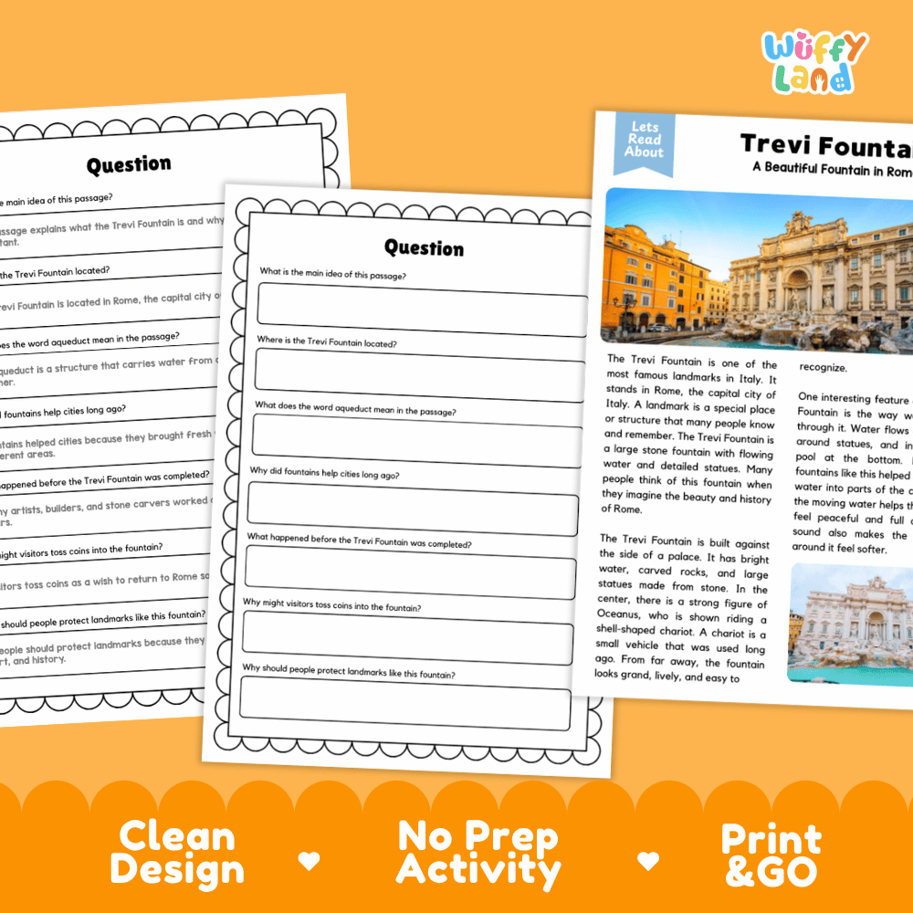 Trevi Fountain Landmark Reading Passages and Comprehension Worksheets