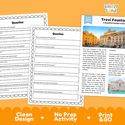 Trevi Fountain Landmark Reading Passages and Comprehension Worksheets