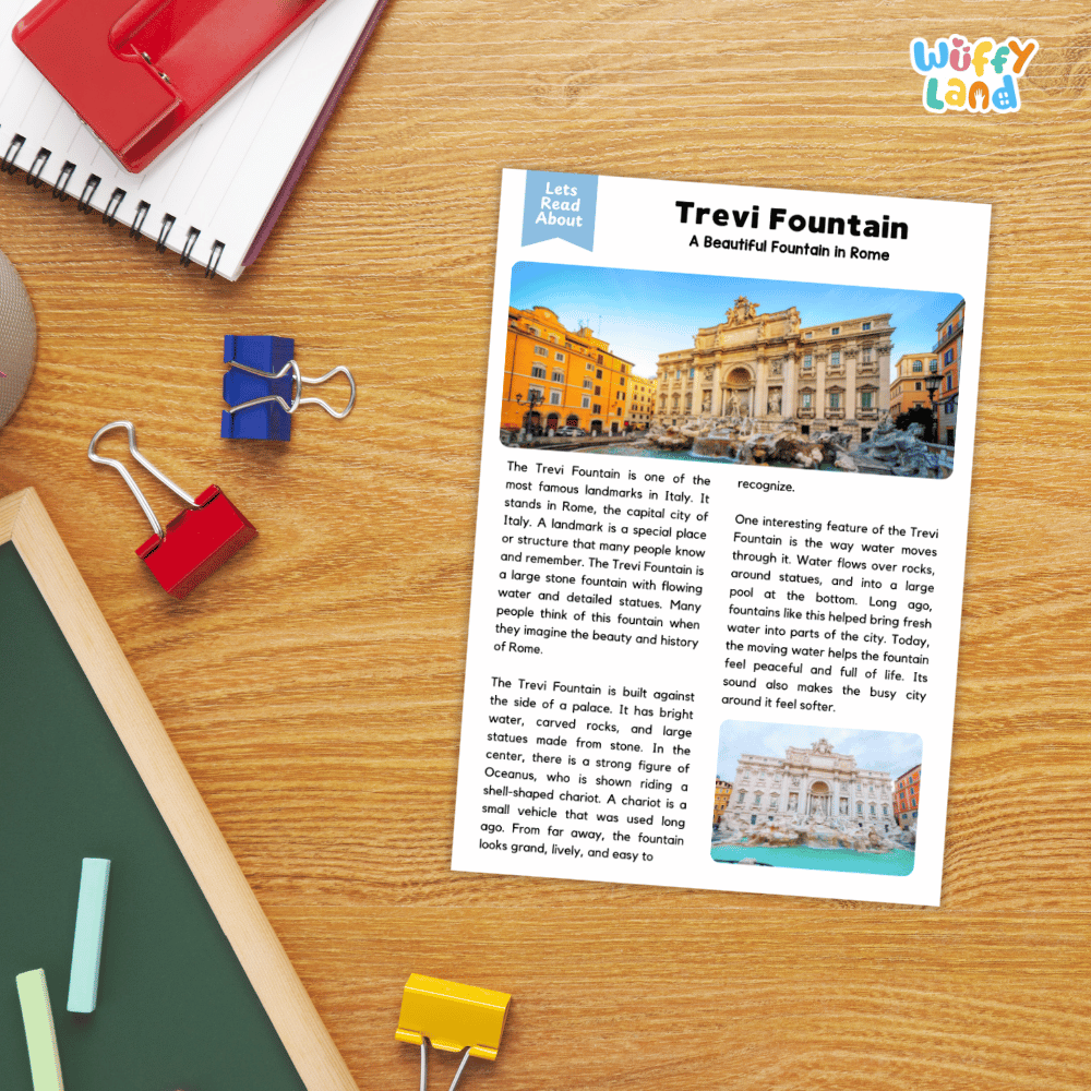 Trevi Fountain Landmark Reading Passages and Comprehension Worksheets