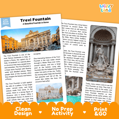 Trevi Fountain Landmark Reading Passages and Comprehension Worksheets