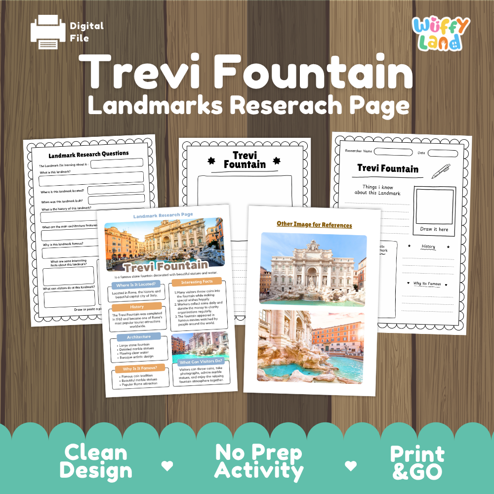 A digital product listing graphic for a 'Trevi Fountain Landmarks Research Page' by Wiffy Land. The graphic shows several printable worksheet pages laid out on a brown wood-grain background, with a teal banner at the bottom highlighting features like 'Clean Design', 'No Prep Activity', and 'Print & GO'.