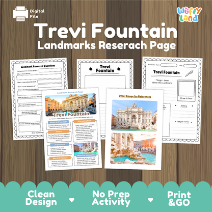 A digital product listing graphic for a 'Trevi Fountain Landmarks Research Page' by Wiffy Land. The graphic shows several printable worksheet pages laid out on a brown wood-grain background, with a teal banner at the bottom highlighting features like 'Clean Design', 'No Prep Activity', and 'Print & GO'.