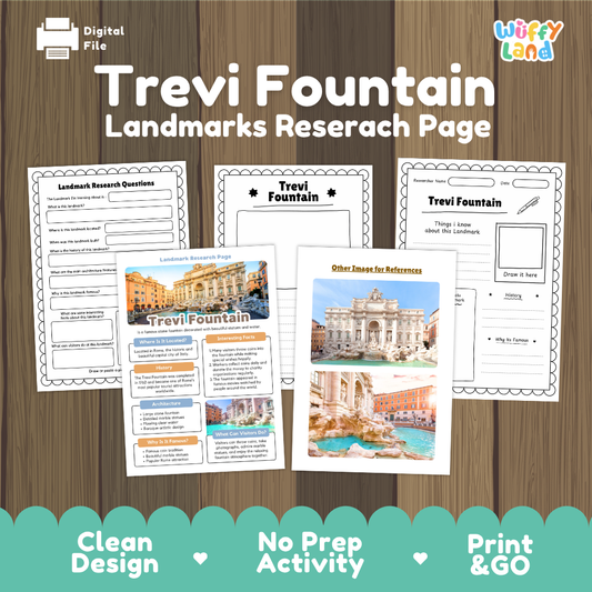 A digital product listing graphic for a 'Trevi Fountain Landmarks Research Page' by Wiffy Land. The graphic shows several printable worksheet pages laid out on a brown wood-grain background, with a teal banner at the bottom highlighting features like 'Clean Design', 'No Prep Activity', and 'Print & GO'.