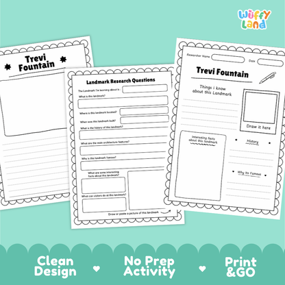 Three printable worksheet pages for a landmark research activity titled 'Trevi Fountain,' shown on a mint green background with marketing text at the bottom. The pages are black-and-white printed activity sheets, and the brand name 'Wiffly Land' appears in the top right.