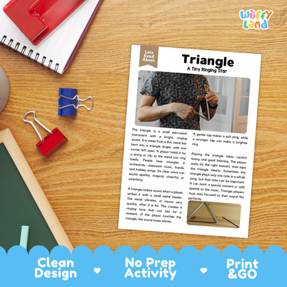 Student reading comprehension worksheet with short-answer questions and lined sections about the triangle instrument