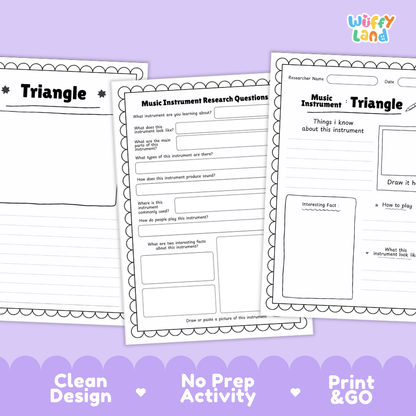 Triangle Music Research Page Worksheets and Fact Sheet