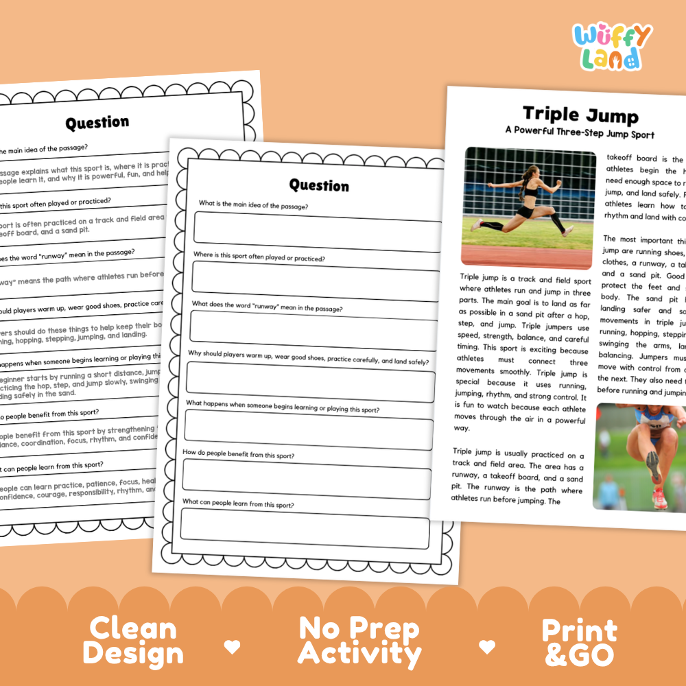 Three printable worksheet pages for a sports-themed lesson on triple jump, shown on an orange promotional background. The pages include reading text, a question section, and a word bank.