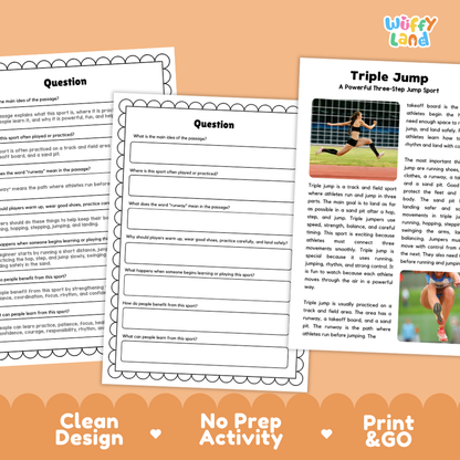 Three printable worksheet pages for a sports-themed lesson on triple jump, shown on an orange promotional background. The pages include reading text, a question section, and a word bank.