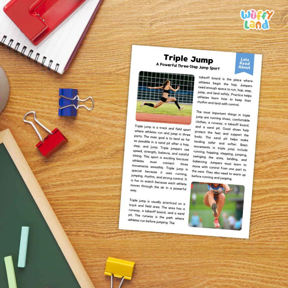 A printed educational poster titled 'Triple Jump' laid on a wooden desk, surrounded by school supplies including a red spiral notebook, binder clips, a green chalkboard, and a blue pencil case. The poster includes text, two small action photos of a triple jump athlete, and a blue 'Let's Talk' label.