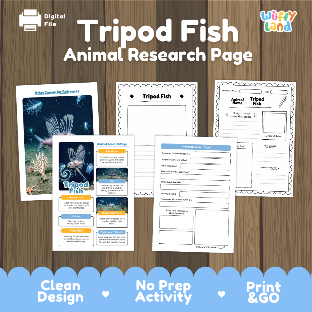 A digital preview of a 'Tripod Fish Animal Research Page' activity sheet set by Wiffy Land, displayed on a wood-grain background with promotional text at the bottom.