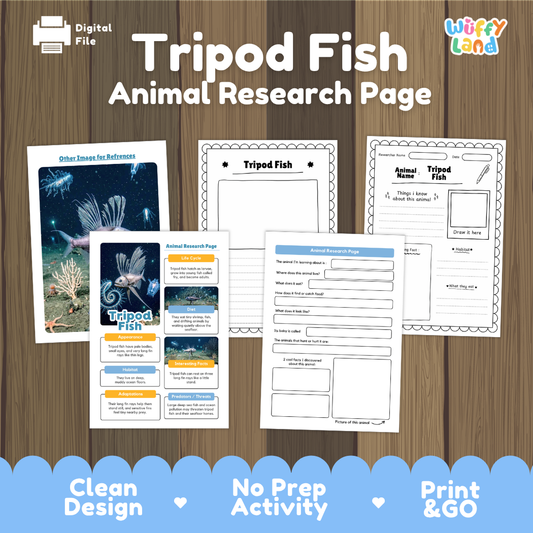 A digital preview of a 'Tripod Fish Animal Research Page' activity sheet set by Wiffy Land, displayed on a wood-grain background with promotional text at the bottom.