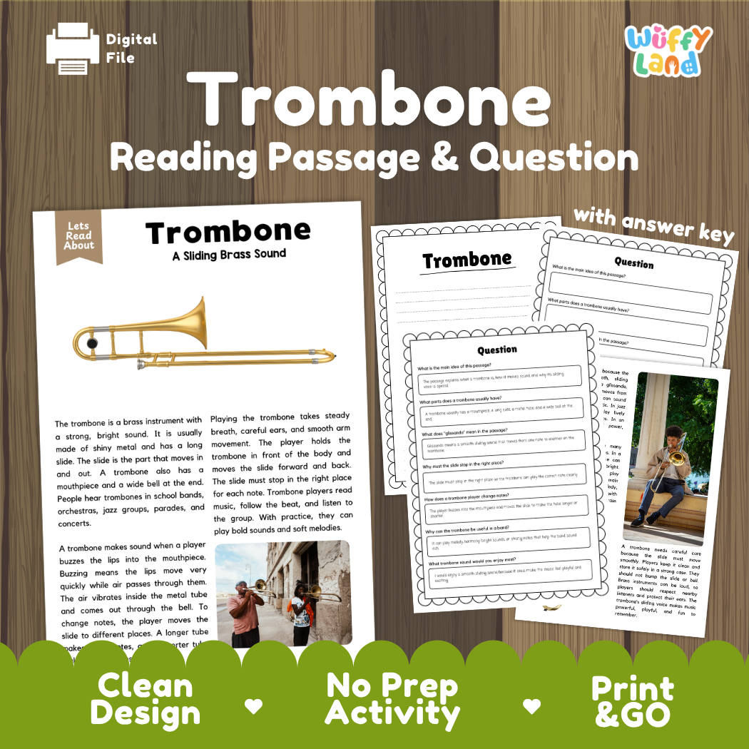 Trombone reading comprehension passage and questions printable activity pack with answer key for elementary students