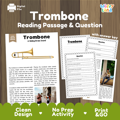 Trombone reading comprehension passage and questions printable activity pack with answer key for elementary students