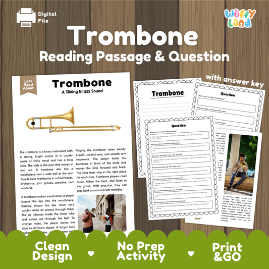 Trombone reading comprehension passage and questions printable activity pack with answer key for elementary students