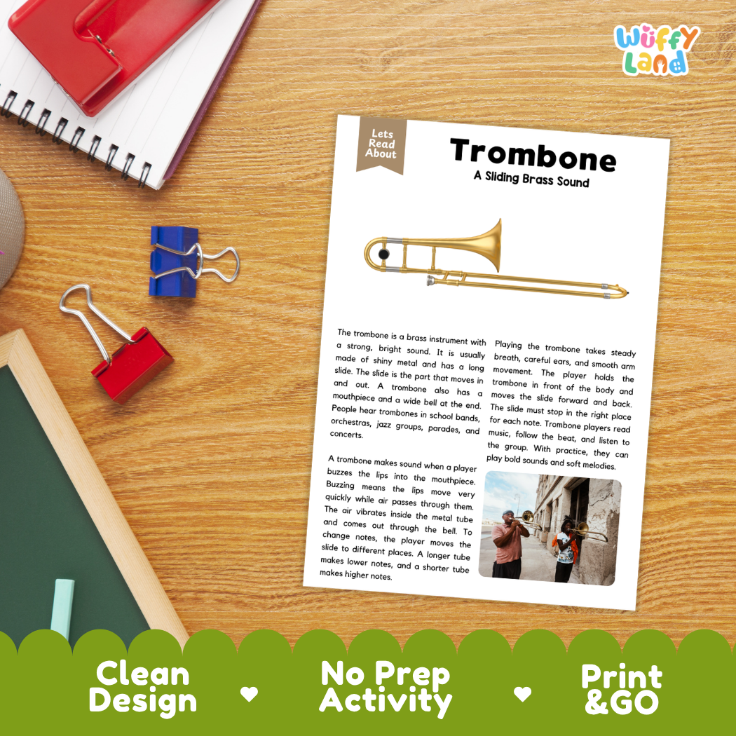Student reading comprehension worksheet with short-answer questions and lined sections about the trombone instrument