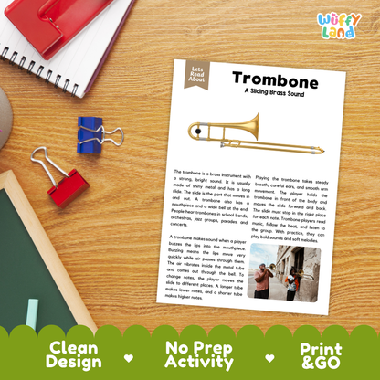 Student reading comprehension worksheet with short-answer questions and lined sections about the trombone instrument