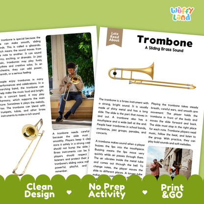 Teacher answer key page showing complete question solutions for Trombone music education reading comprehension practice