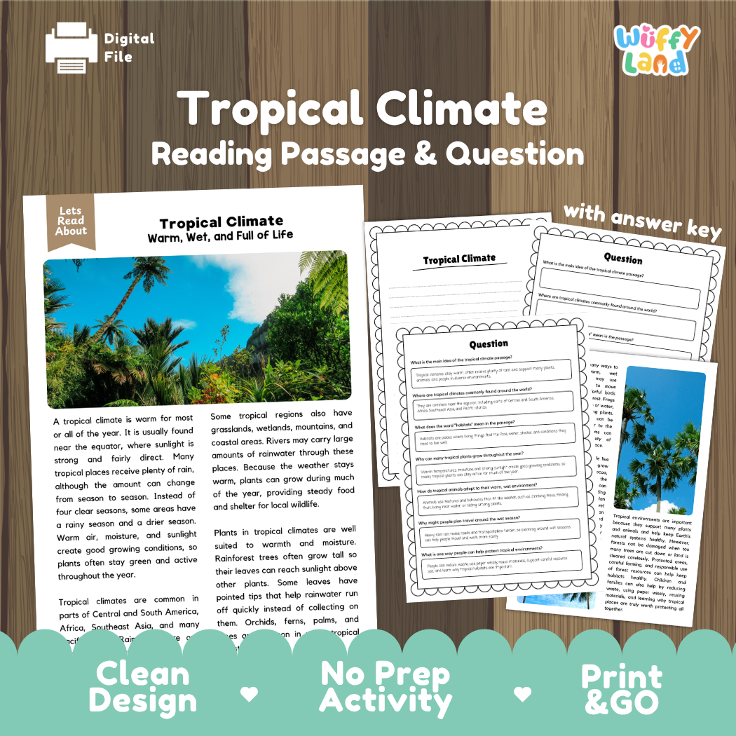 Tropical Climate reading comprehension passage and questions printable activity pack with answer key for elementary students