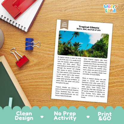 Student reading comprehension worksheet with short-answer questions and lined sections about tropical climate zones
