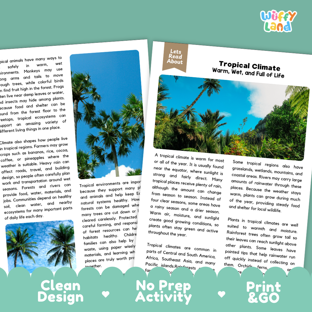 Teacher answer key page showing complete question solutions for Tropical Climate Earth science and geography reading comprehension practice